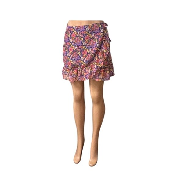 Topshop Floral Wrap Mini Skirt With Ruffle Hem, Purple/Multicolor, Sz. 6 - Picture 4 of 11
